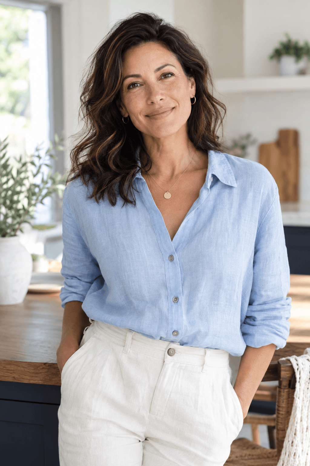 Asha Lane, an AI-created wellness character, in a bright home kitchen