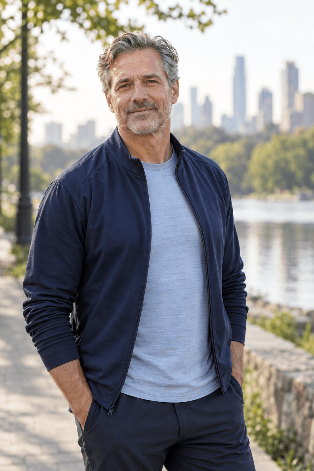 Jordan Reed, an AI-created wellness character, standing beside a city park